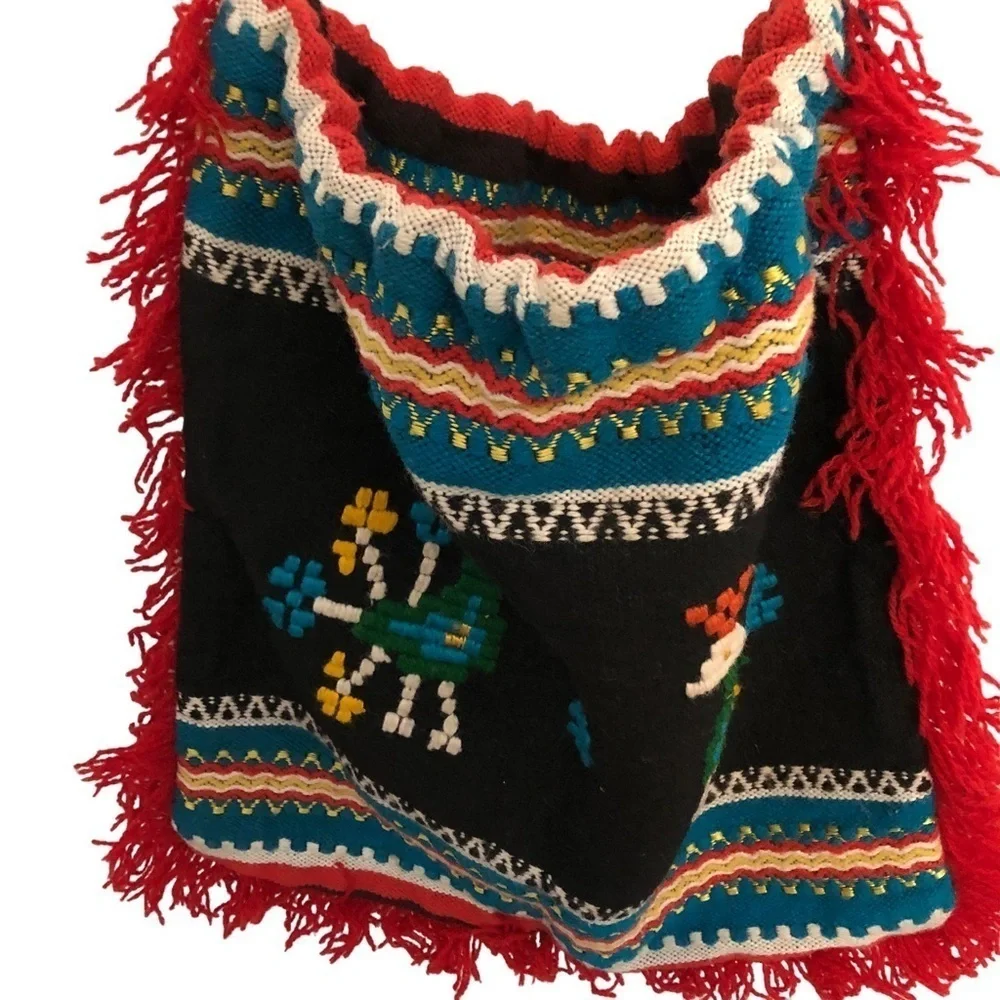 Vintage Handmade Boho Bag. Embroidered Birds. Red‎ Fringe. Groovy